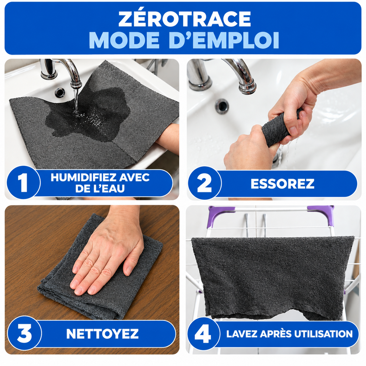 LA MICROFIBRE POUR DES SURFACES SANS TRACE NI PELUCHE — ZÉROTRACE™